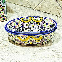 Talavera-Style Ceramic Soap Dish from Mexico,'Hidalgo Bouquet'