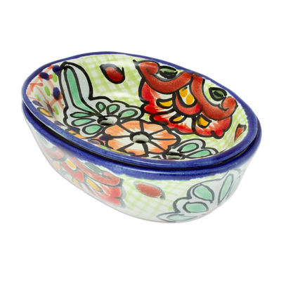 Ceramic soap dish, 'Guanajuato Bouquet' - Talavera-Style Ceramic Soap Dish from Mexico