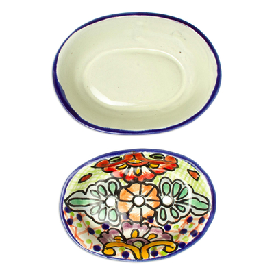 Ceramic soap dish, 'Hidalgo Bouquet' - Talavera-Style Ceramic Soap Dish from Mexico