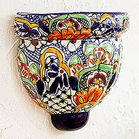 Ceramic wall planter, 'Guanajuato Garden' - Handmade Multicolored Ceramic Wall Planter