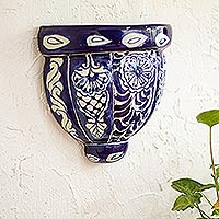 Ceramic wall planter, 'Guanajuato Blues' - Cobalt Blue and White Ceramic Wall Planter