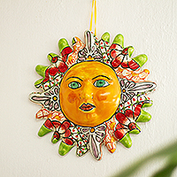 Ceramic wall accent, 'Garden Sun' - Mexican Talavera-Style Ceramic Sun Wall Accent