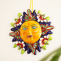 Acento de pared de cerámica, 'Sol floral' - Acento de pared de sol de cerámica hecho a mano