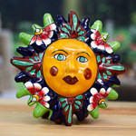 Ceramic wall accent, 'Floral Sun' - Handmade Ceramic Sun Wall Accent