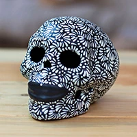 Ceramic figurine, 'Black and Ivory Lace Skull' - Handcrafted Talavera Style Black-Ivory Ceramic Skull