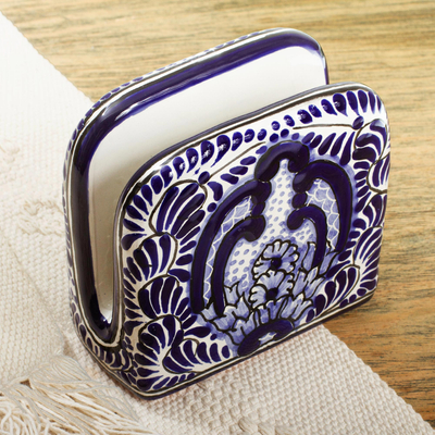 Ceramic napkin holder, 'Puebla Kaleidoscope' - Blue and White Talavera Style Ceramic Napkin Holder