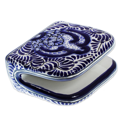Servilletero de cerámica, 'Puebla Kaleidoscope' - Servilletero de cerámica estilo Talavera azul y blanco