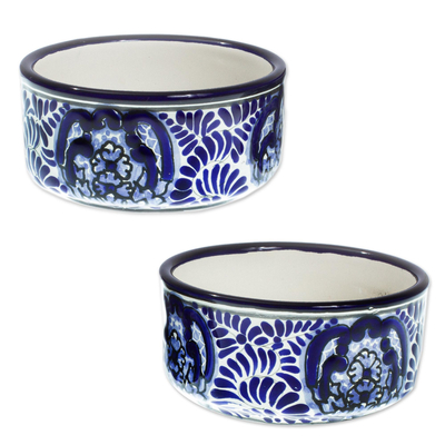 Keramische Dessertschalen, 'Puebla Kaleidoskop' (Paar) - 2 blau-weiße keramische Dessertschalen im Talavera-Stil