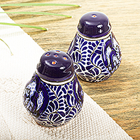 Ceramic salt and pepper shakers, 'Puebla Kaleidoscope' (pair) - Blue and White Talavera Style Ceramic Salt & Pepper Shakers