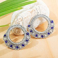 Beaded crocheted dangle earrings, 'Celestial Crown in Blue' - Crocheted Metallic Earrings with Crystal Beads