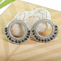 Beaded crocheted dangle earrings, 'Celestial Crown in Black' - Beaded Crocheted Metallic Dangle Earrings