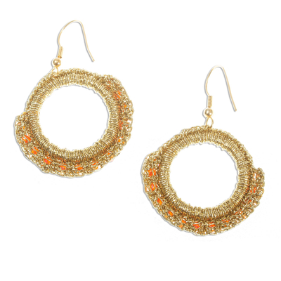 Beaded crocheted dangle earrings, 'Ethereal Crown in Orange' - Handmade Beaded Crocheted Earrings