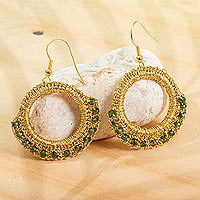 Beaded crocheted dangle earrings, 'Ethereal Crown in Green' - Golden Crocheted Earrings with Green Crystal