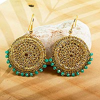 Beaded crocheted dangle earrings, 'Golden Round in Aqua' - Crocheted Dangle Earrings with Crystal Beads