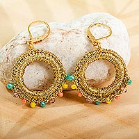 Beaded crocheted dangle earrings, 'Golden Holiday' - Multicolored Crystal Dangle Earrings