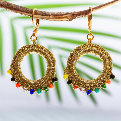 Beaded crocheted dangle earrings, 'Golden Festival' - Crocheted Golden Earrings with Gold Plated Lever-Back Hooks