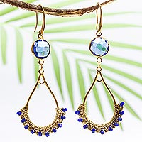 Beaded crocheted dangle earrings, 'Gold and Blue' - Gold Plated Brass and Crystal Bead Earrings