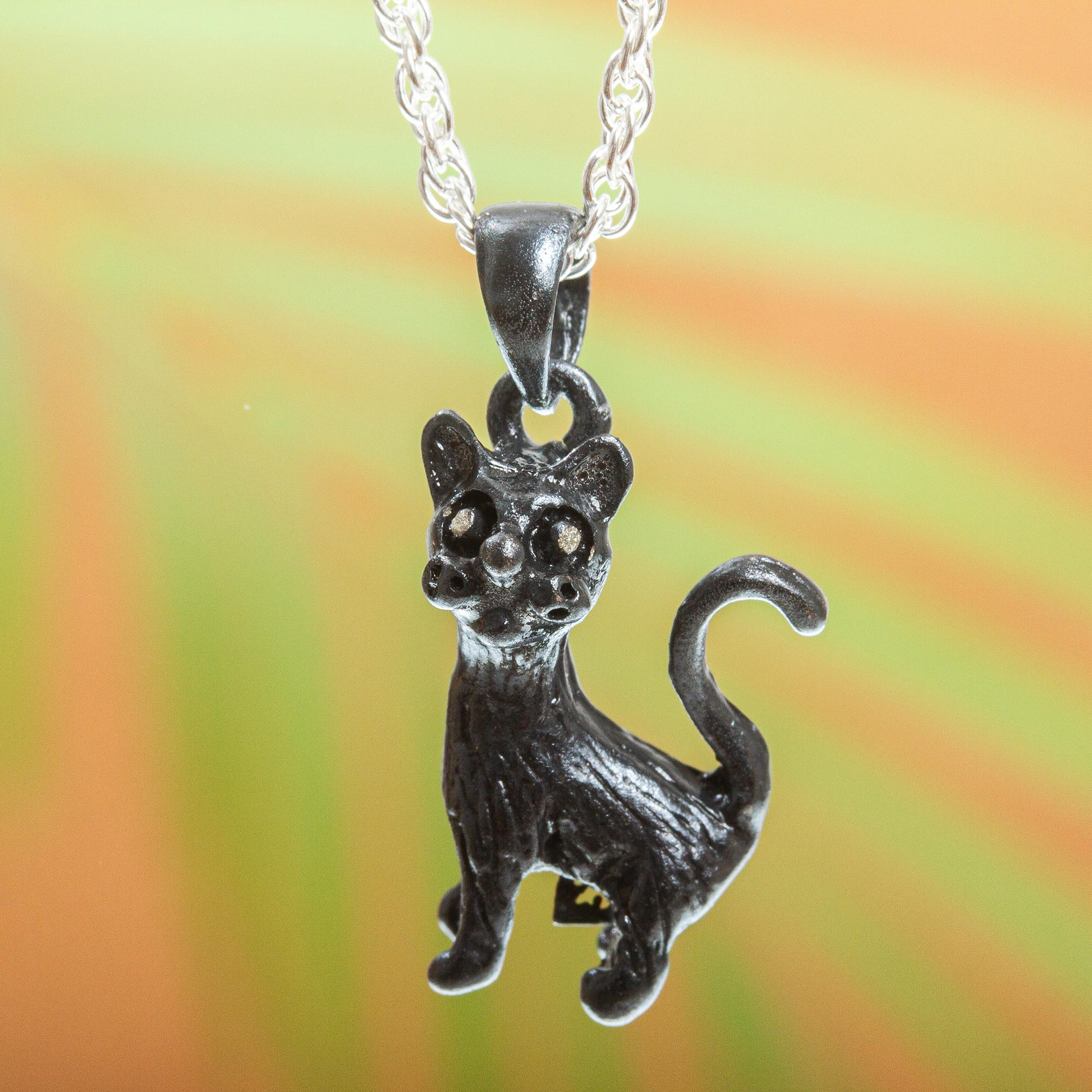 Cat Pendant/Necklace with White Stones and Diamonds in Sterling Silver |  Takar Jewelry