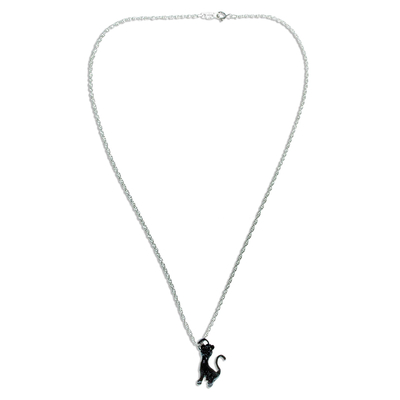 Sterling silver pendant necklace, 'Quizzical Cat' - Artisan Crafted Cat Necklace in Sterling Silver