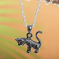 Sterling silver pendant necklace, 'Curious Cat' - Handmade Sterling Silver Cat Necklace
