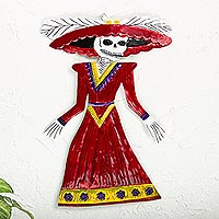 Tin wall art, 'Catrina's Red Gown' - Tin Repousse Red Mexican Catrina Skeleton Wall Art