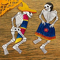 Tin wall art, 'Dancing Campesino Calaveras' (pair) - Mexican Tin Repousse Dancing Skeletons Wall Art (Pair)