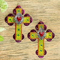 Tin wall crosses, 'Sacred Heart in Yellow' (pair) - Hand Crafted Tin Sacred Heart Wall Crosses (Pair)