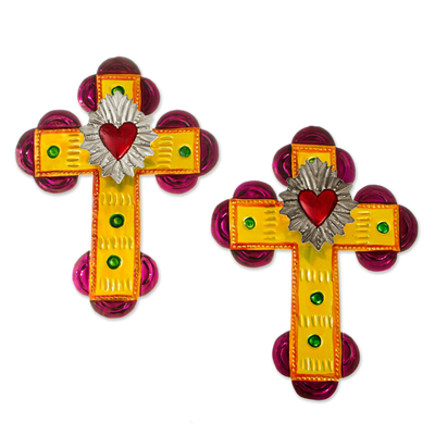 Cruces de pared de hojalata, (par) - Cruces de pared del sagrado corazón de hojalata hechas a mano (par)