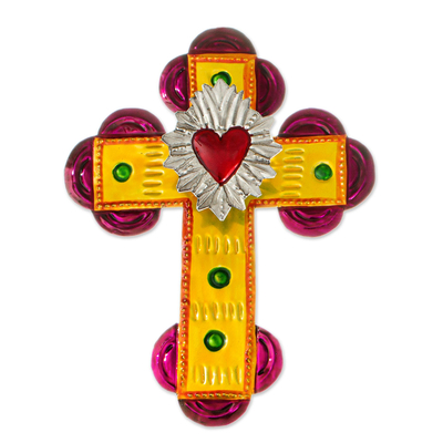 Tin wall crosses, 'Sacred Heart in Yellow' (pair) - Hand Crafted Tin Sacred Heart Wall Crosses (Pair)