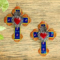 Colorful Hand Crafted Tin Wall Crosses (Pair),'Sacred Heart in Blue'