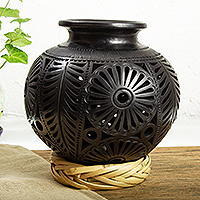Decorative ceramic vase, 'Frond and Flower' - Handmade Black Barro Negro Decorative Vase