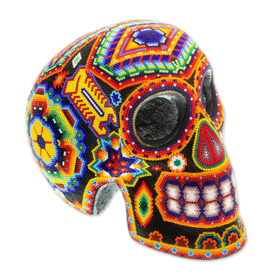 Beaded skull, 'Huichol Visions' - Huichol Handcrafted Bright Beaded Skull Figurine