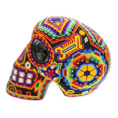 Beaded skull, 'Huichol Visions' - Huichol Handcrafted Bright Beaded Skull Figurine