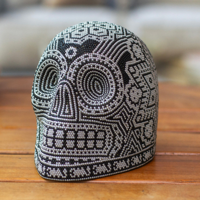 Beaded skull, 'Our Children' - Black and Grey Beaded Skull Figurine with Huichol Symbols