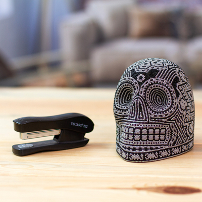 Beaded skull, 'Our Children' - Black and Grey Beaded Skull Figurine with Huichol Symbols