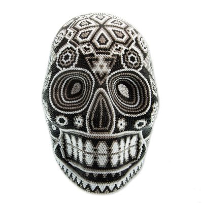 Huichol beaded skull, 'Monochrome Jicuri' - Huichol Beaded Monochrome Peyote Skull Figurine