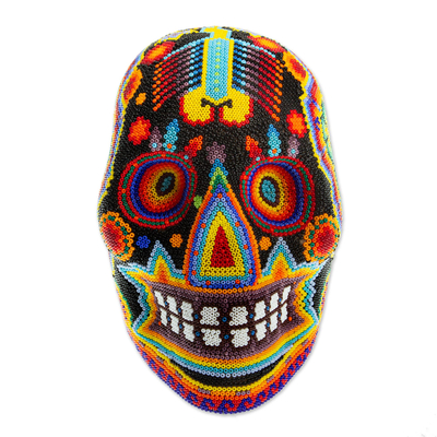 Huichol beaded skull, 'Radiant Jicuri' - Huichol Beaded Scorpion & Peyote Skull in Bright Colors