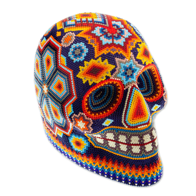 Huichol beaded skull, 'Bright Icons' - Huichol Beaded Skull Figurine in Bright Colors