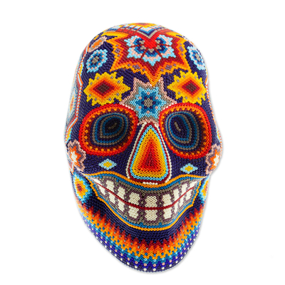 Huichol beaded skull, 'Bright Icons' - Huichol Beaded Skull Figurine in Bright Colors