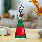 Papier mache sculpture, 'Patriotic Catrina' - Mexican Red-White-Green Papier Mache Skeleton Sculpture