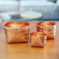 Pure Copper Woven Small Baskets (Set of 3),'Elemental Weave'