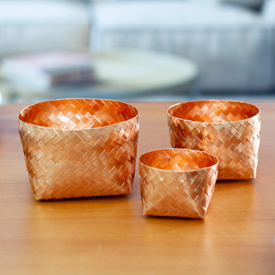 Copper baskets, 'Elemental Weave' (set of 3) - Pure Copper Woven Small Baskets (Set of 3)