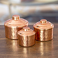 Decorative copper jars, 'Santa Clara Tradition' (set of 3) - Hand Crafted Small Copper Jars with Lids (Set of 3)