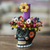 Portavelas de cerámica, 'Black Floral Skull' - Portavelas cónico de calavera de cerámica floral negra