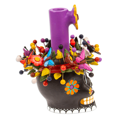 Portavelas de cerámica, 'Black Floral Skull' - Portavelas cónico de calavera de cerámica floral negra