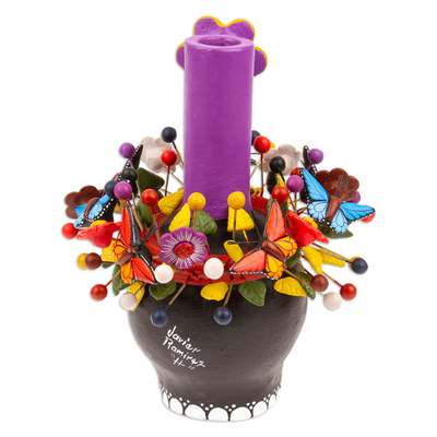 Ceramic candleholder, 'Black Floral Skull' - Black Floral Ceramic Skull Taper Candleholder