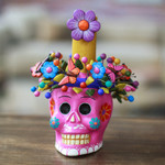Ceramic candleholder, 'Fuchsia Floral Skull' - Fuchsia Floral Ceramic Skull Taper Candleholder