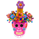 Ceramic candleholder, 'Fuchsia Floral Skull' - Fuchsia Floral Ceramic Skull Taper Candleholder