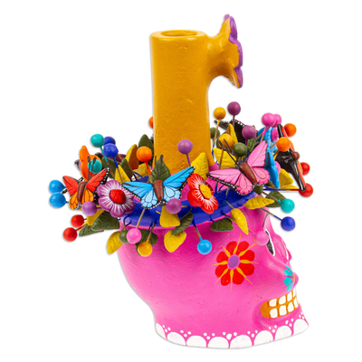 Kerzenhalter aus Keramik, 'Fuchsien-Blütenschädel'. - Schädel-Keramik-Kerzenhalter aus Fuchsia-Blüten-Keramik