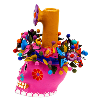 Portavelas de cerámica, 'Calavera floral fucsia' - Portavelas cónico de calavera de cerámica floral fucsia